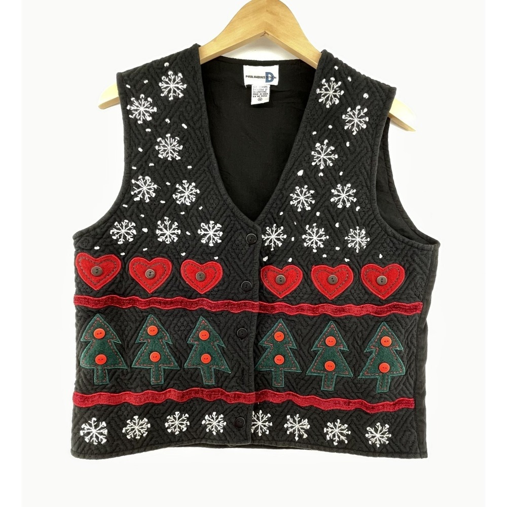 Vtg Christmas Vest M Black Snowflakes Heart Quilted Country Applique Embroidered